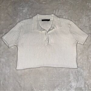 Ayal Dark Fashion White Cropped Ribbed Knot Polo Top Size Small